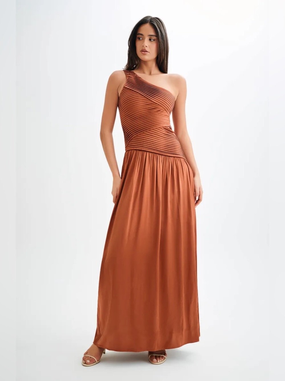 Meshki Jenna One Shoulder Pleated Maxi Dress - Wood (Rust) Sz Medium BNWT